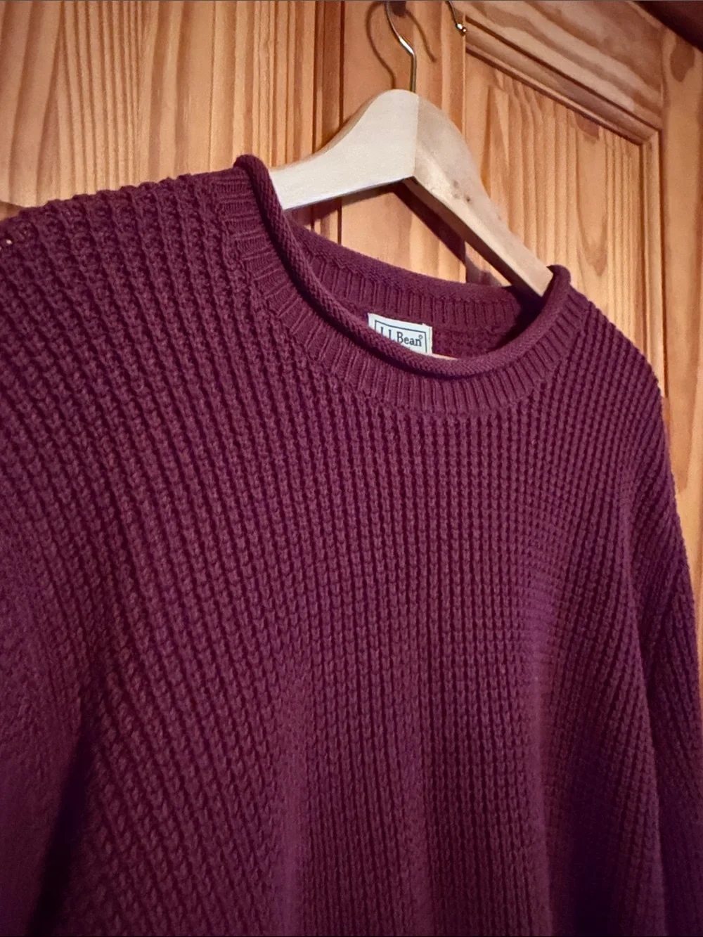 L.L. Bean Men’s 100% Organic Cotton Waffle Knit Crewneck Sweater - Burgundy